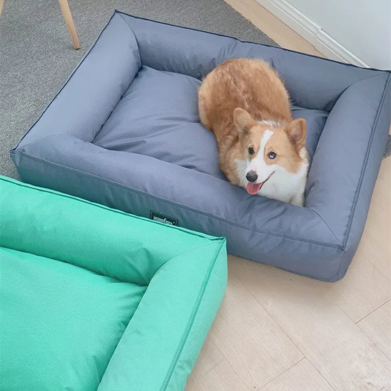XL wooden waterproof dog mat in sky blue, removable from a kennel.