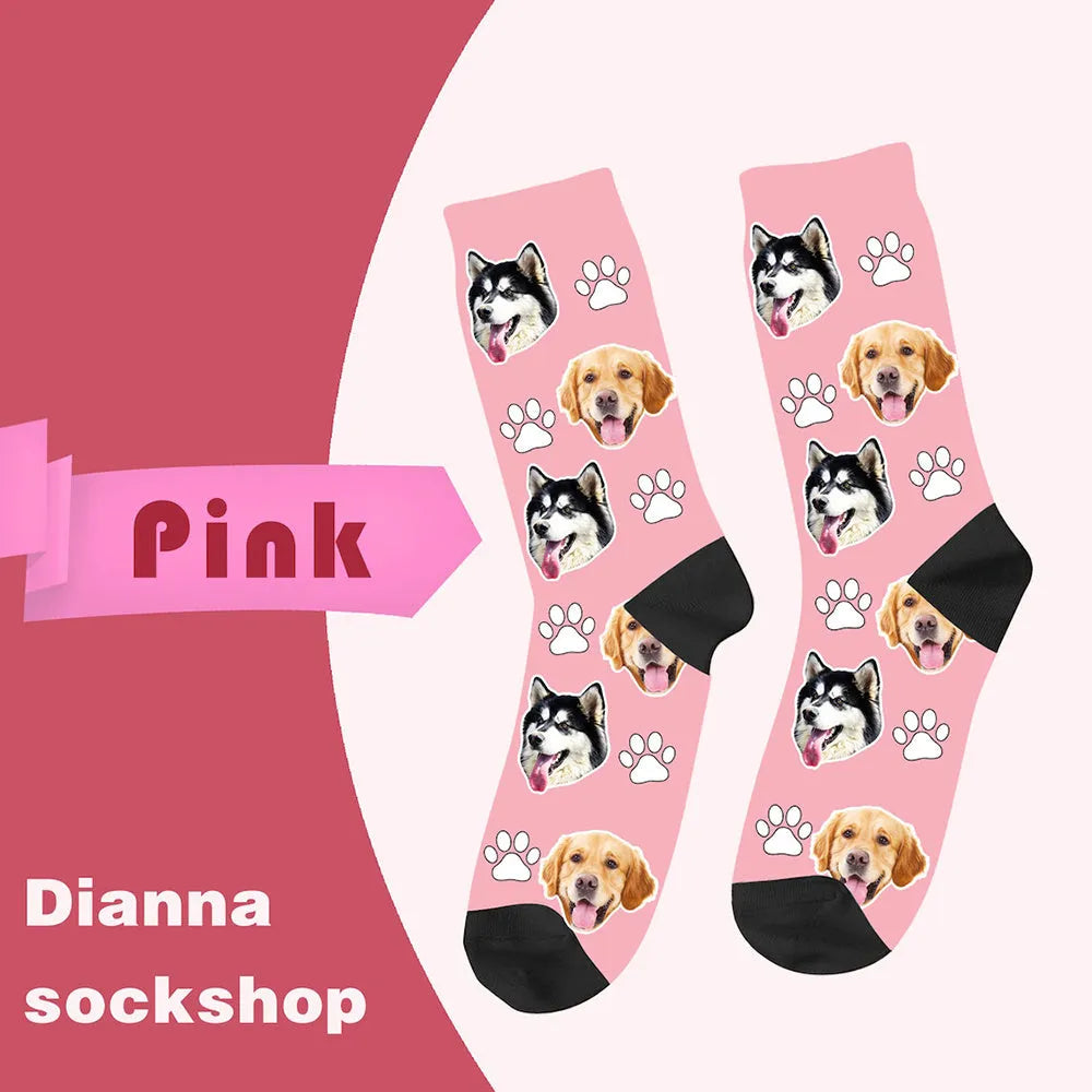 Custom printed mid-calf socks with personalised photo design in blue colour, medium thickness polyester fabric