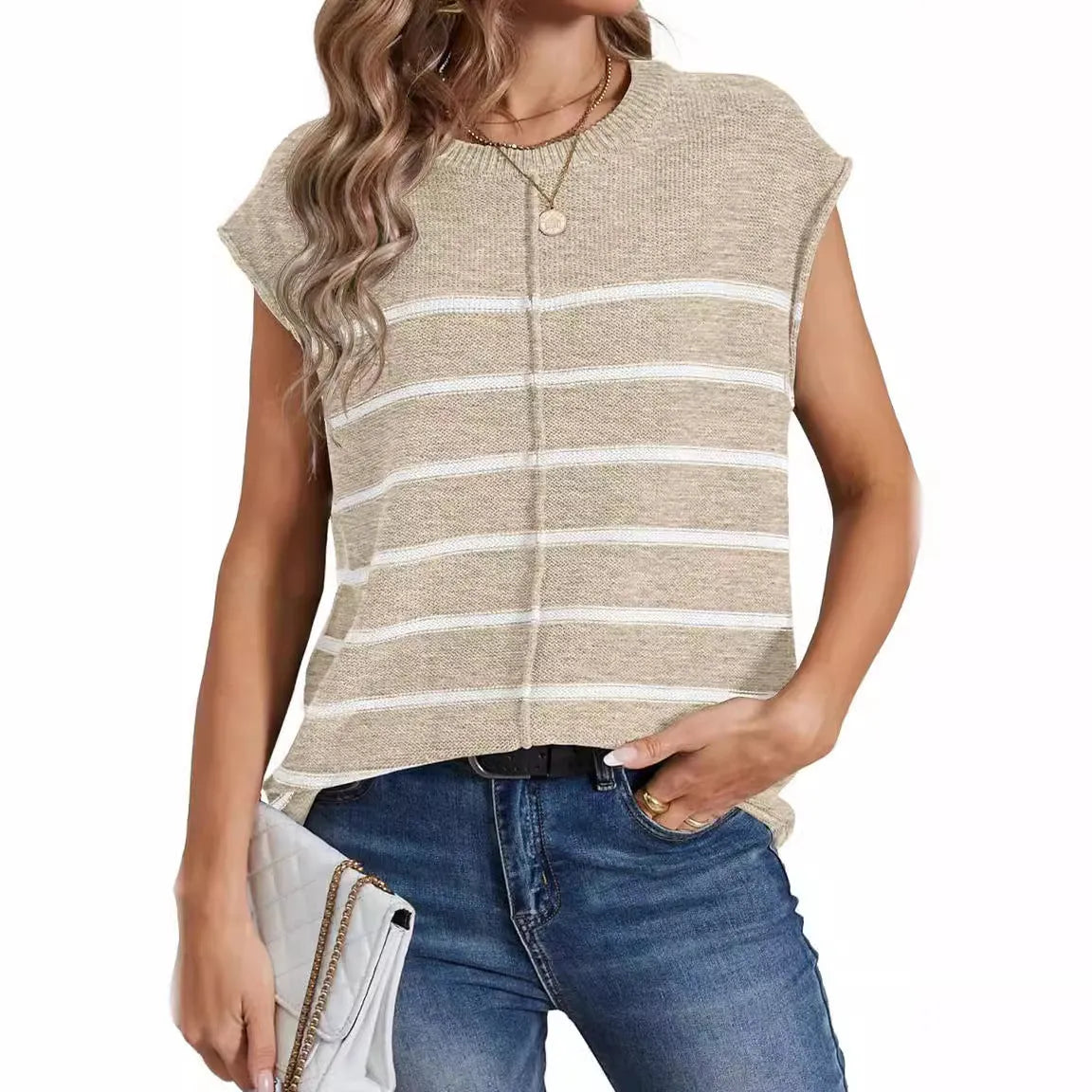 Women's striped sleeveless vest pullover top in apricot colour showing bone stitch detail.
