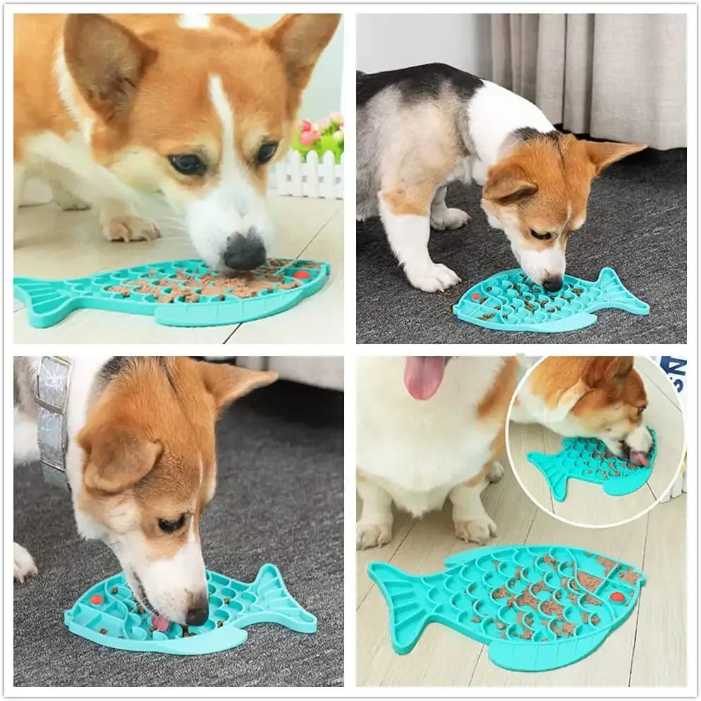 Silicone slow food tray for pets in blue, green, and gray, 24.5 cm long, anti-choking lick mat