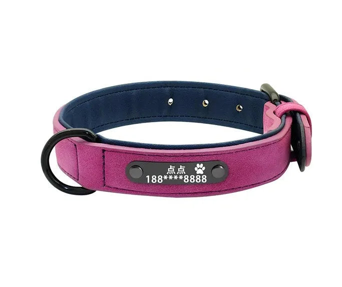 Custom dog tag identity card collar with microfiber leather surface, double D buckle, and painted alloy lock in multiple colours