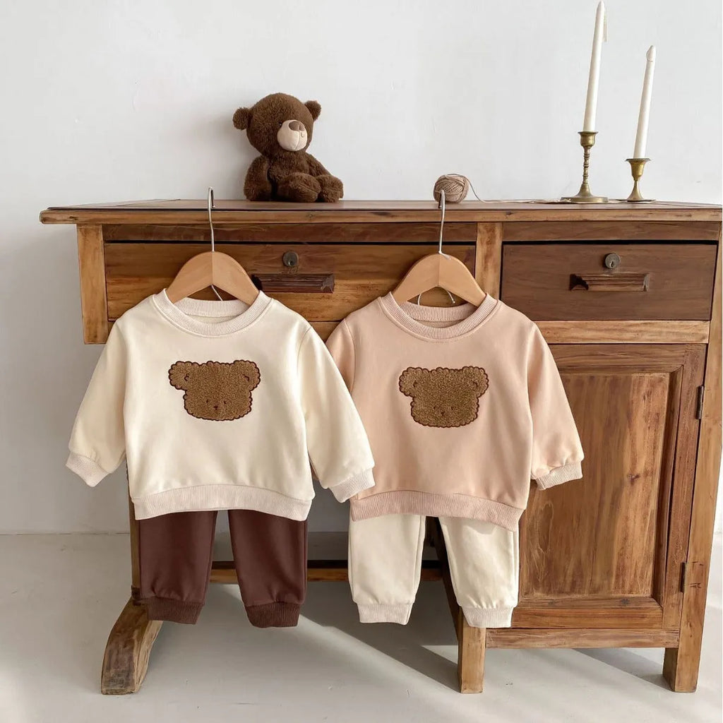 Bear long-sleeved sweater split two-piece suit in khaki with animal pattern for toddlers