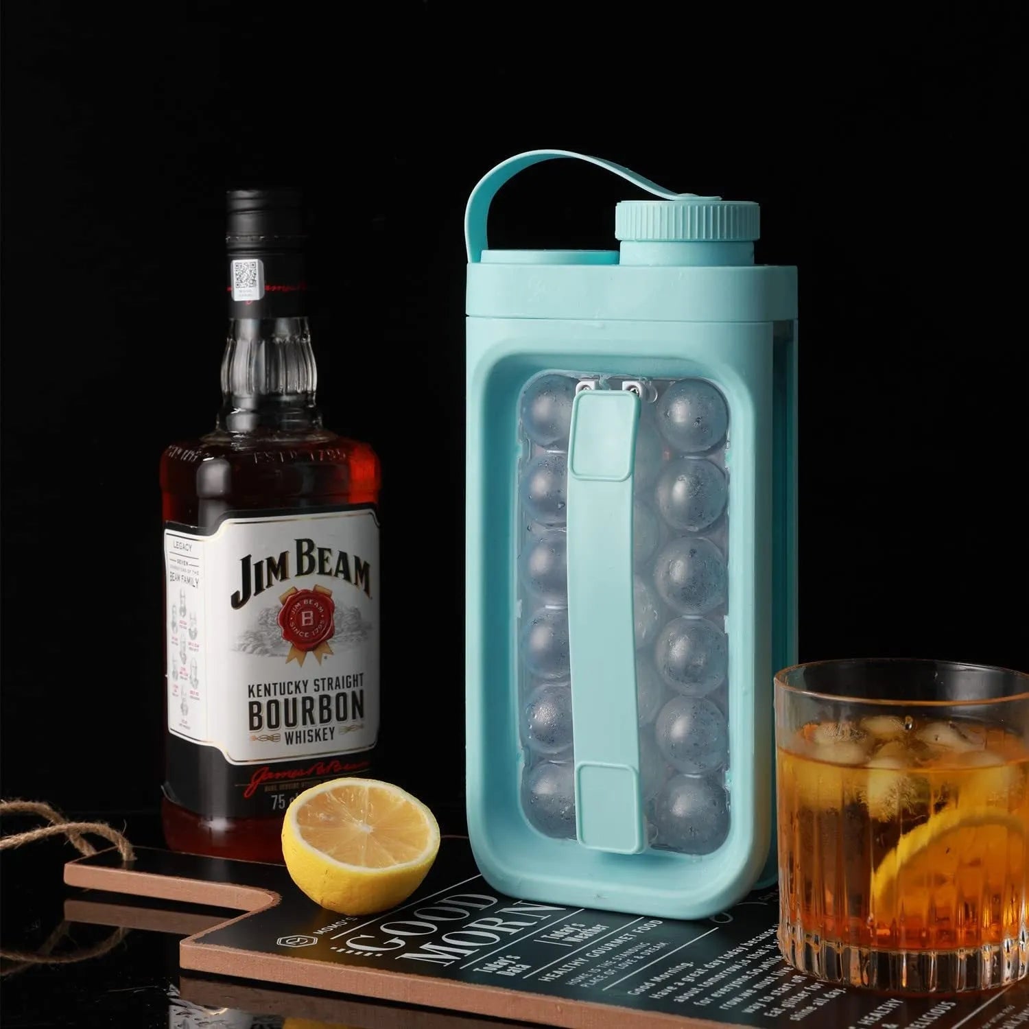 Light blue portable ice ball kettle showing 17 spherical compartments and lid