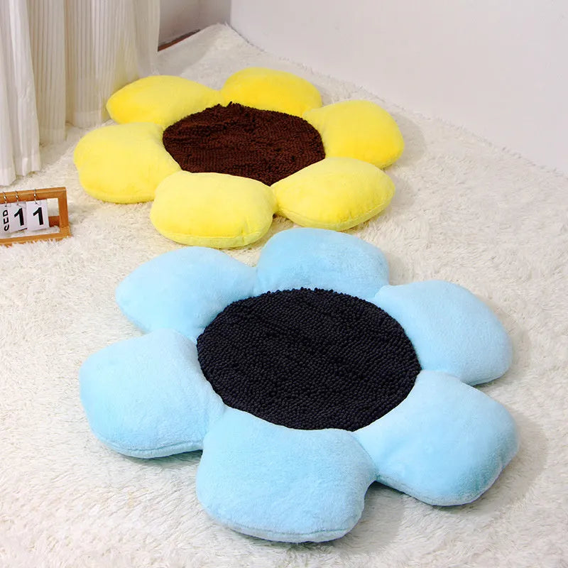 Blue round flower cat nest bed measuring 85cm diameter with plush surface and sponge filling