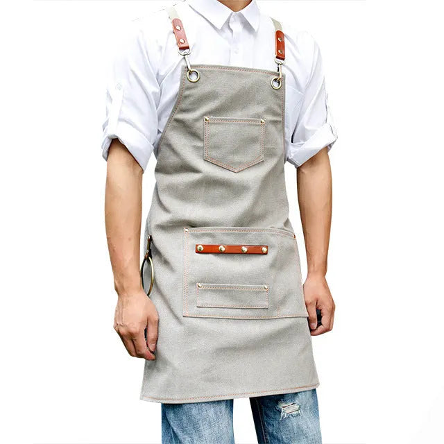 Han style canvas apron with cross-strap back in camel, light grey, or dark grey