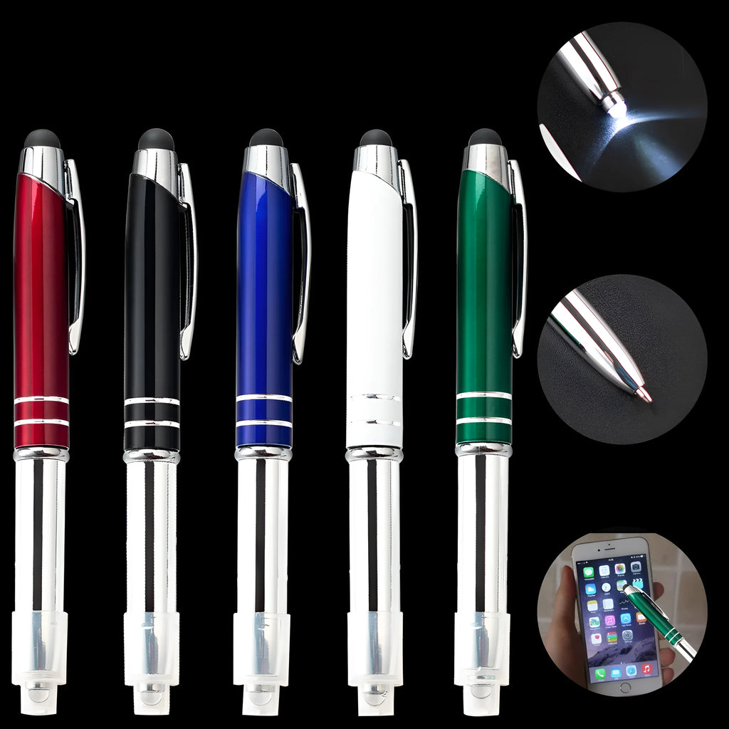 Metal multifunctional pen with capacitive stylus tip, ballpoint pen and LED light in five colour options