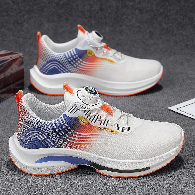 Men's low-top mesh sneaker with a rotating buckle, shown in white and blue colourway.