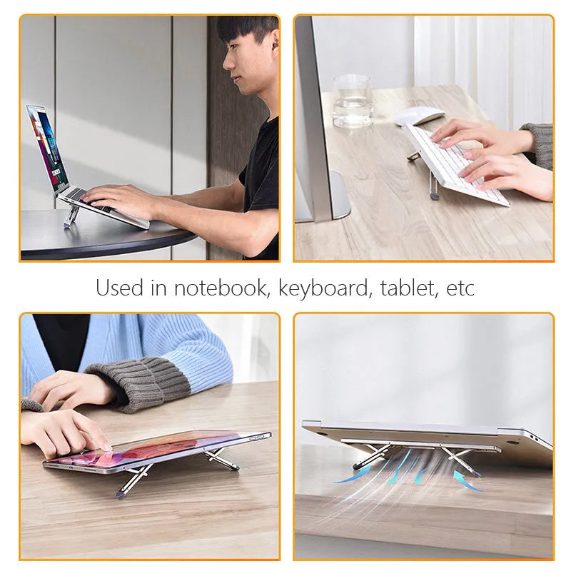 Aluminium laptop cooling bracket with adjustable height in dark grey or silver on desktop
