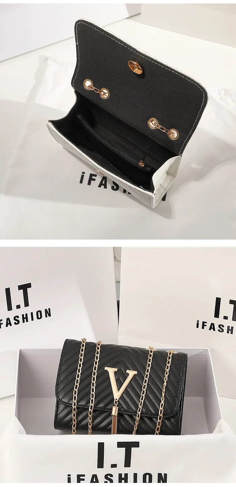 Fashion Chain PU plaid one shoulder messenger bag in black with crossbody strap