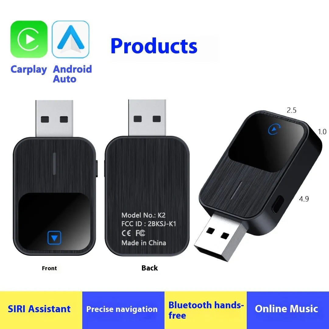 Black CarPlay Android Auto two-in-one adapter with metal ABS casing, 2.5x4.9x1.0cm, next to USB cable