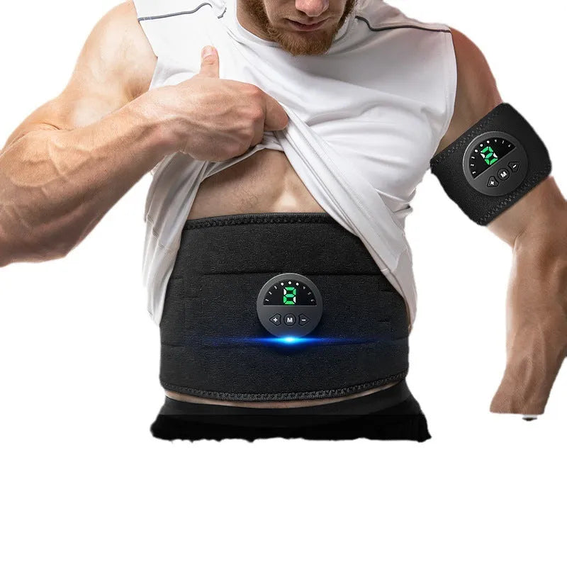 Sweat fitness belt for waist and abdomen reduction shown with adjustable strap and display screen.