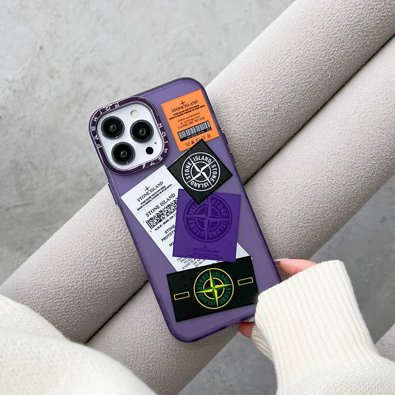 Creative text phone case for iPhone with hard back and electroplated lens ring in grey stone island label colour