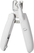 White pet nail clippers with LED light, transparent anti-splash guard, and triangular blade for cats and dogs