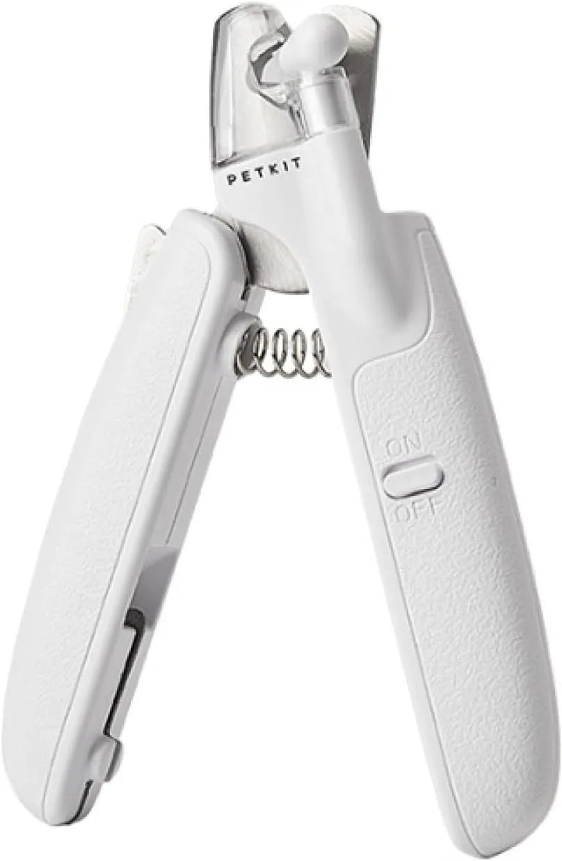 White pet nail clippers with LED light, transparent anti-splash guard, and triangular blade for cats and dogs