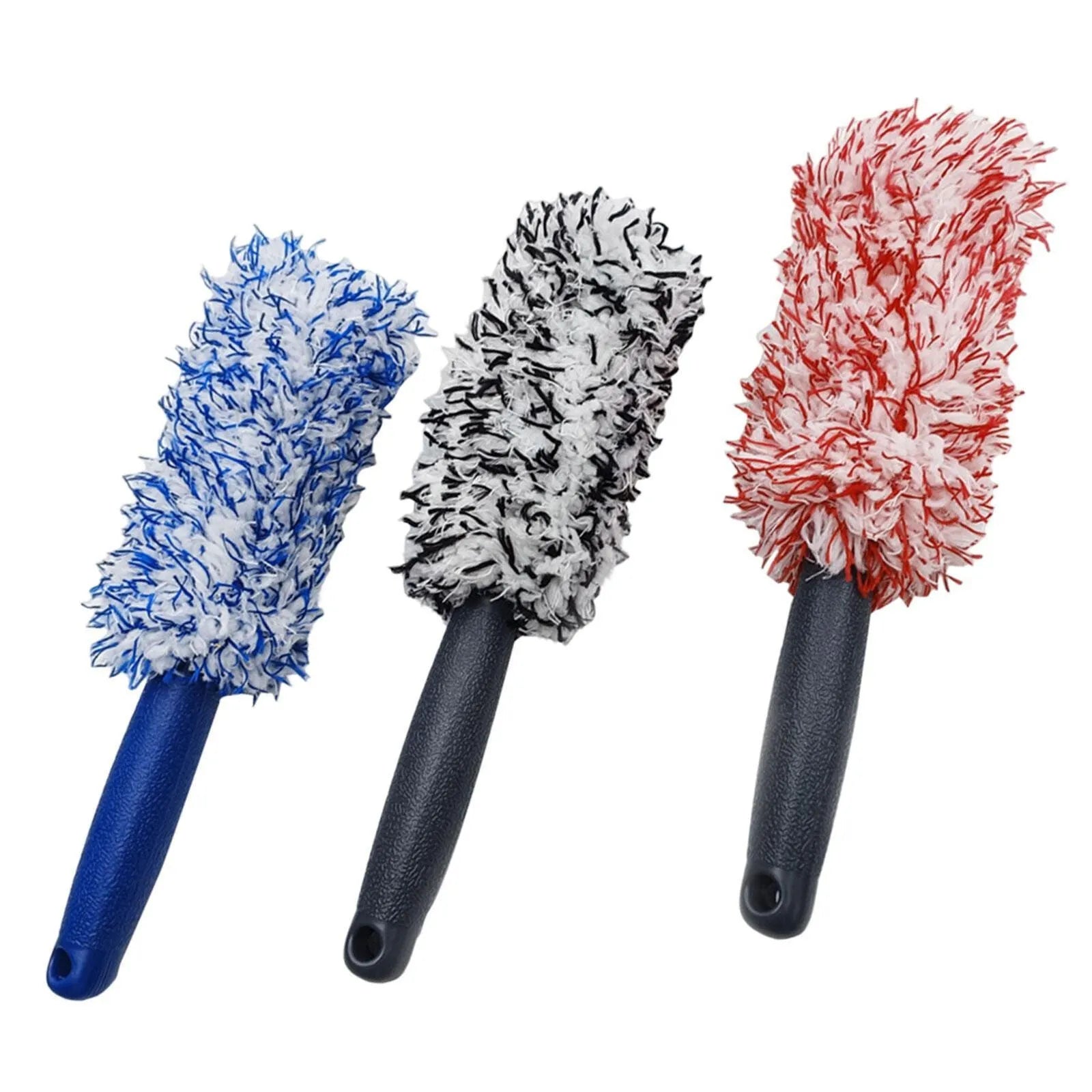 Long handled car wheel wash brush with ultra-fine fibre bristles in blue, black, and red colour options