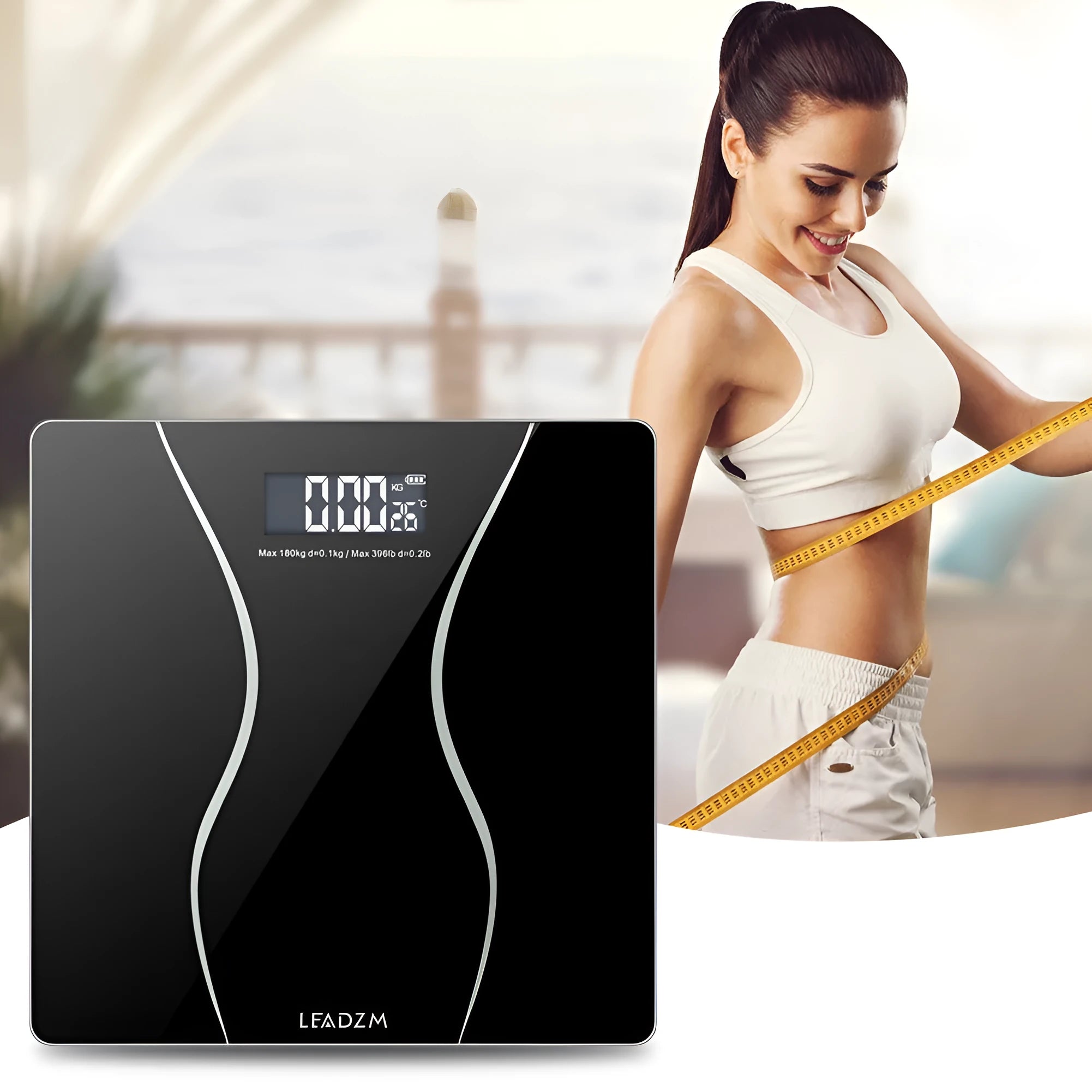 Black electronic bathroom scales with digital display for weight measurement up to 180kg