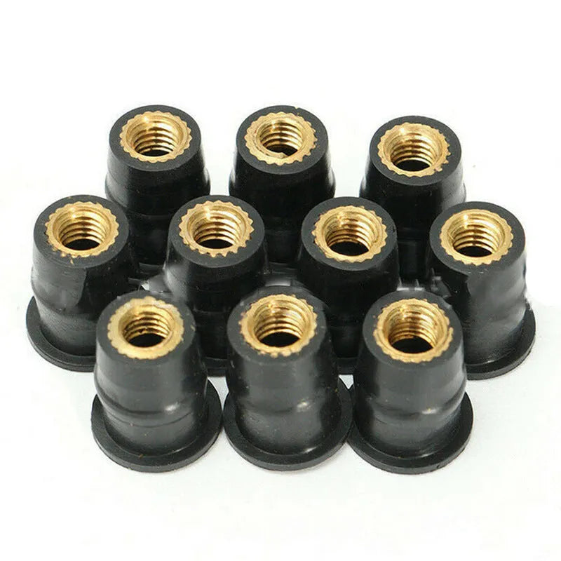 Ten black rubber brass expansion nuts for motorcycle windshield mounting in M4, M5, and M6 sizes.