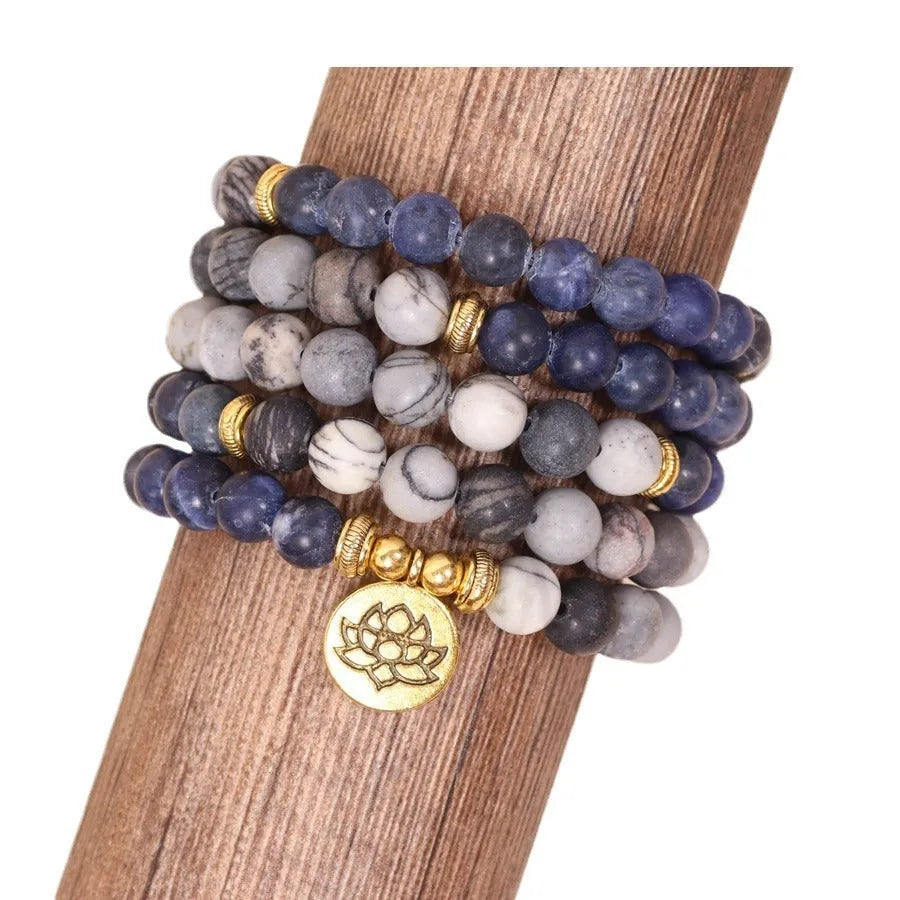 Blue patterned network stone bead multi-layer bracelet with alloy links