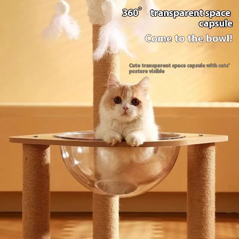 Wooden cat climbing frame with sisal scratching posts, perches, and a built-in space capsule pod in luxury colour