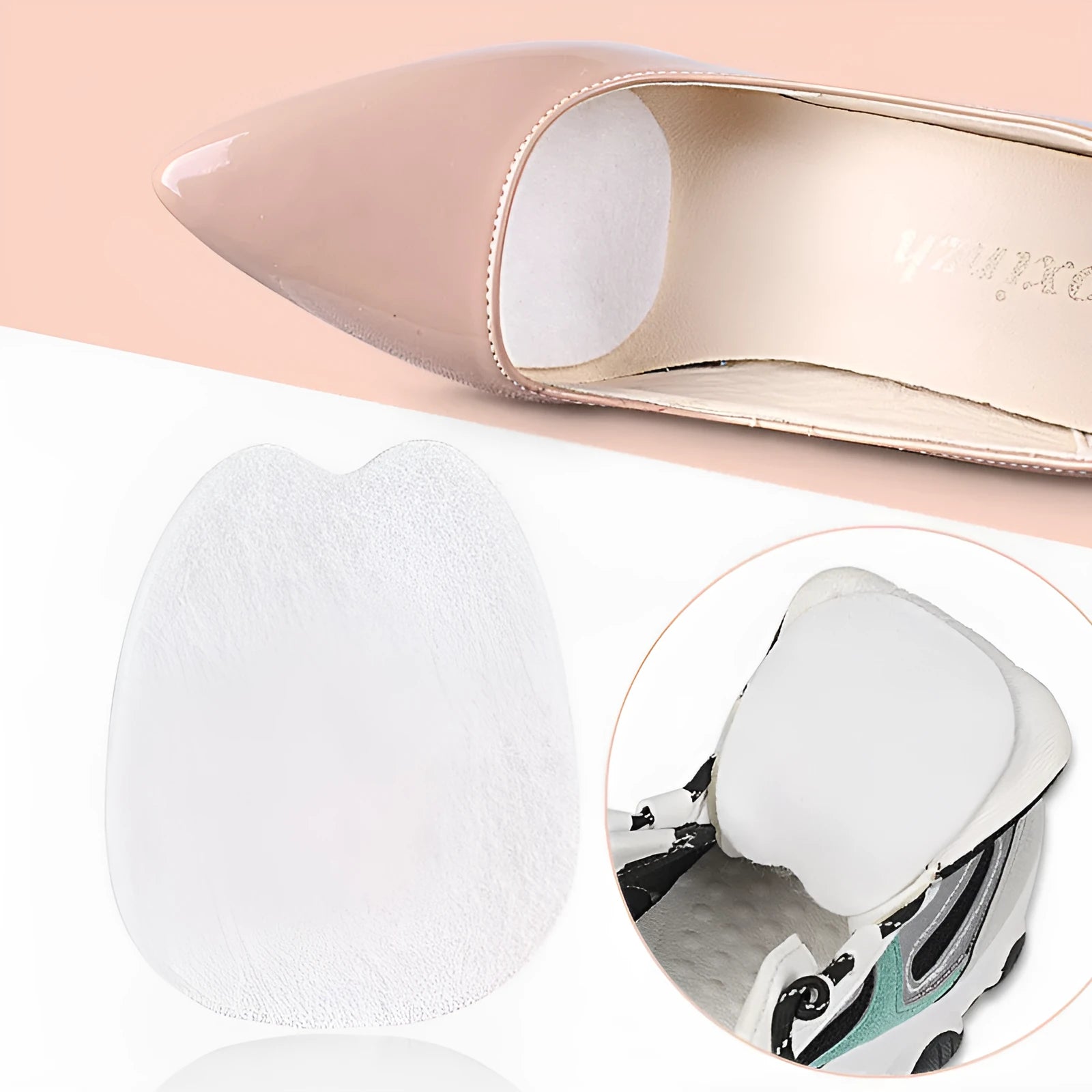 White thin felt self-adhesive patch for protecting the tongue of a shoe from wear.