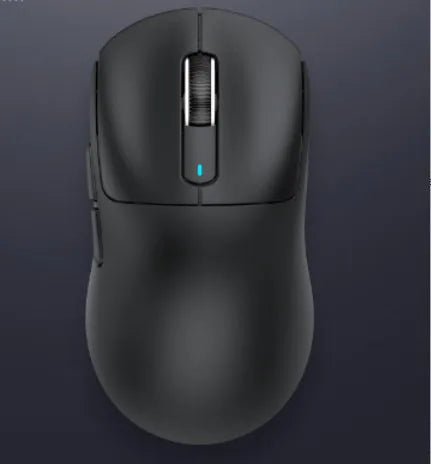 Black rechargeable Bluetooth mouse with three connectivity modes shown with USB receiver and parachute cable