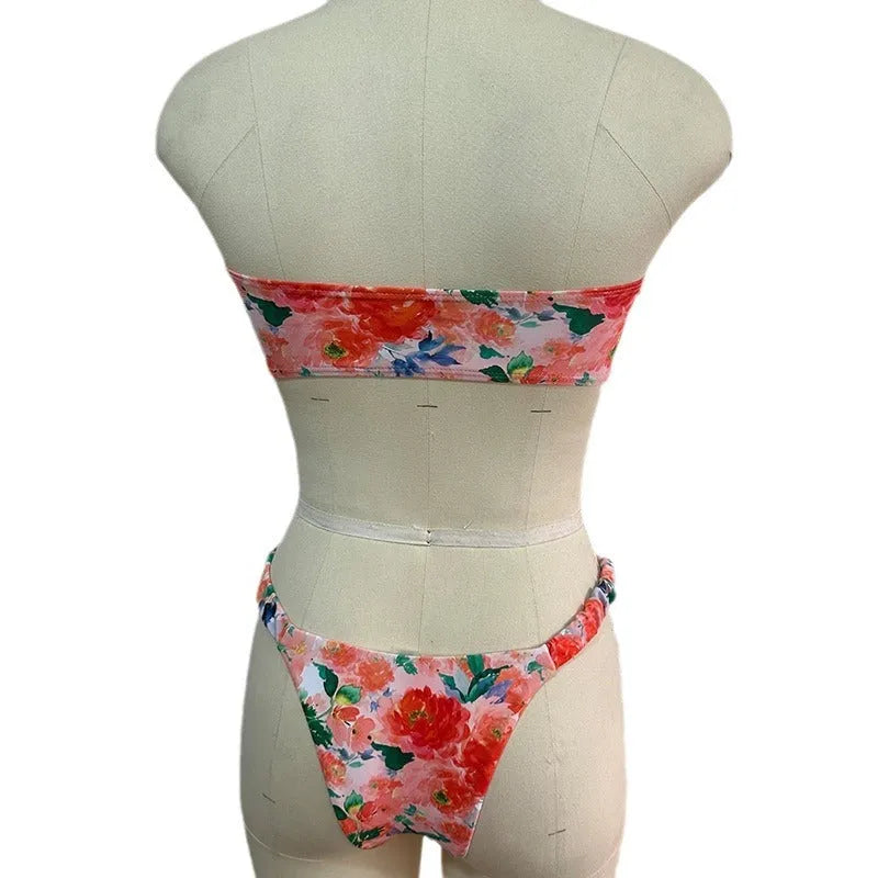European American floral print swimwear bikini set with tube top and briefs in blue colour