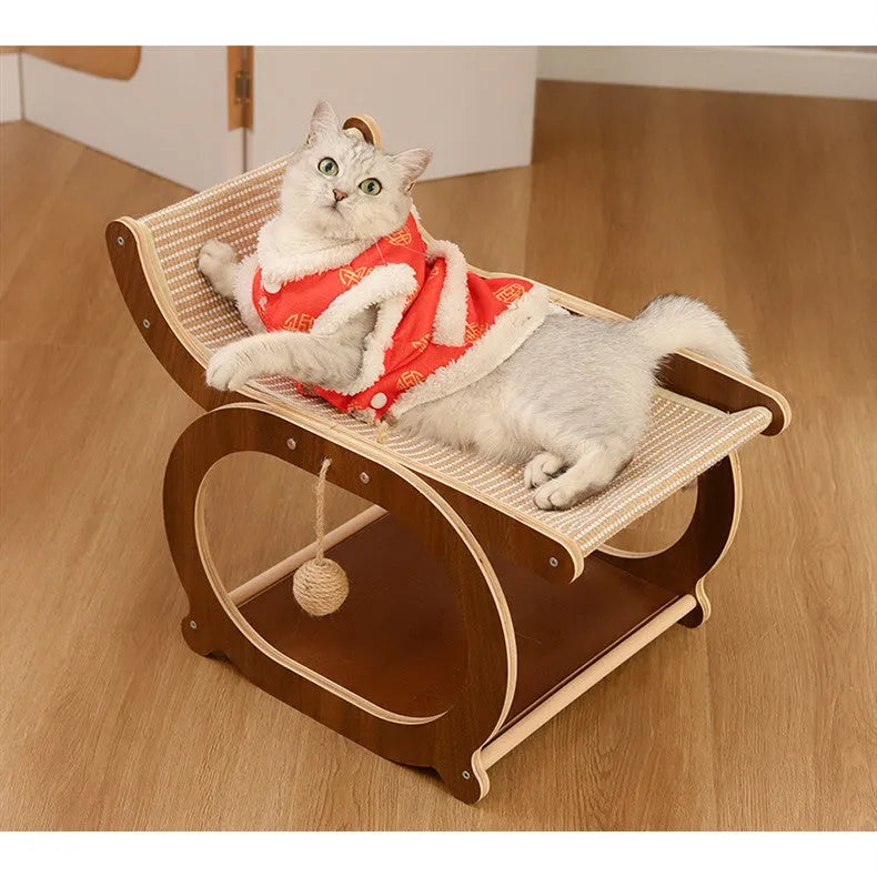 Solid wood rectangular cat scratching mat with natural sisal rope top, shown in a light wood finish.