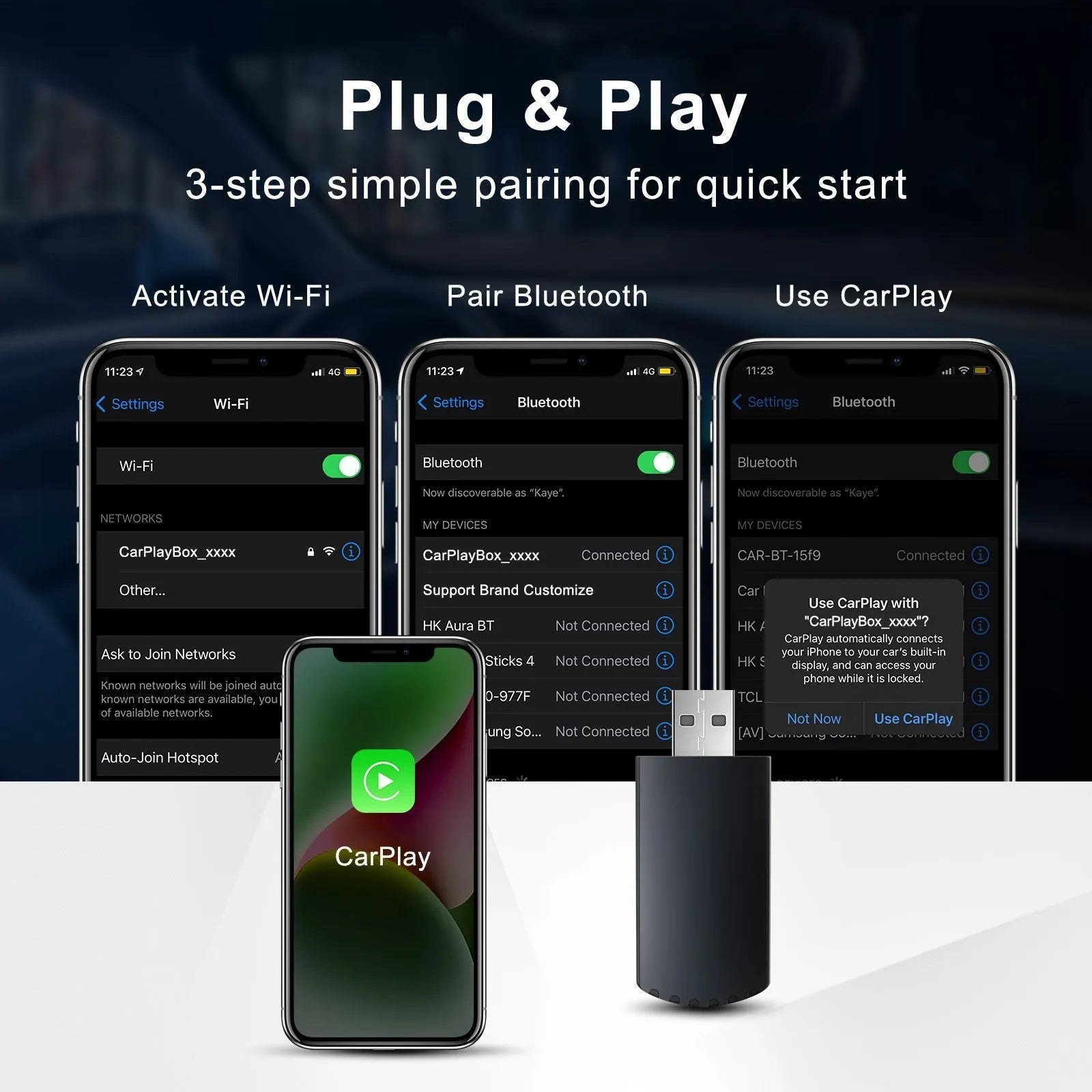 Wireless CarPlay upgrade module for wired factory systems, 40x20x12mm, ABS PC