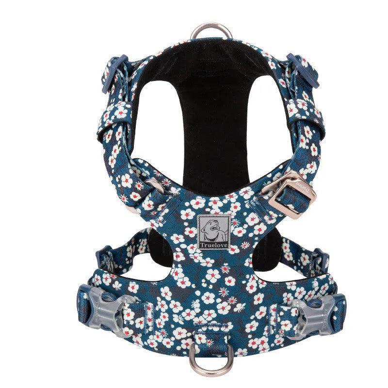 Pure cotton pet chest strap harness with floral pattern in blue, green, or red colours