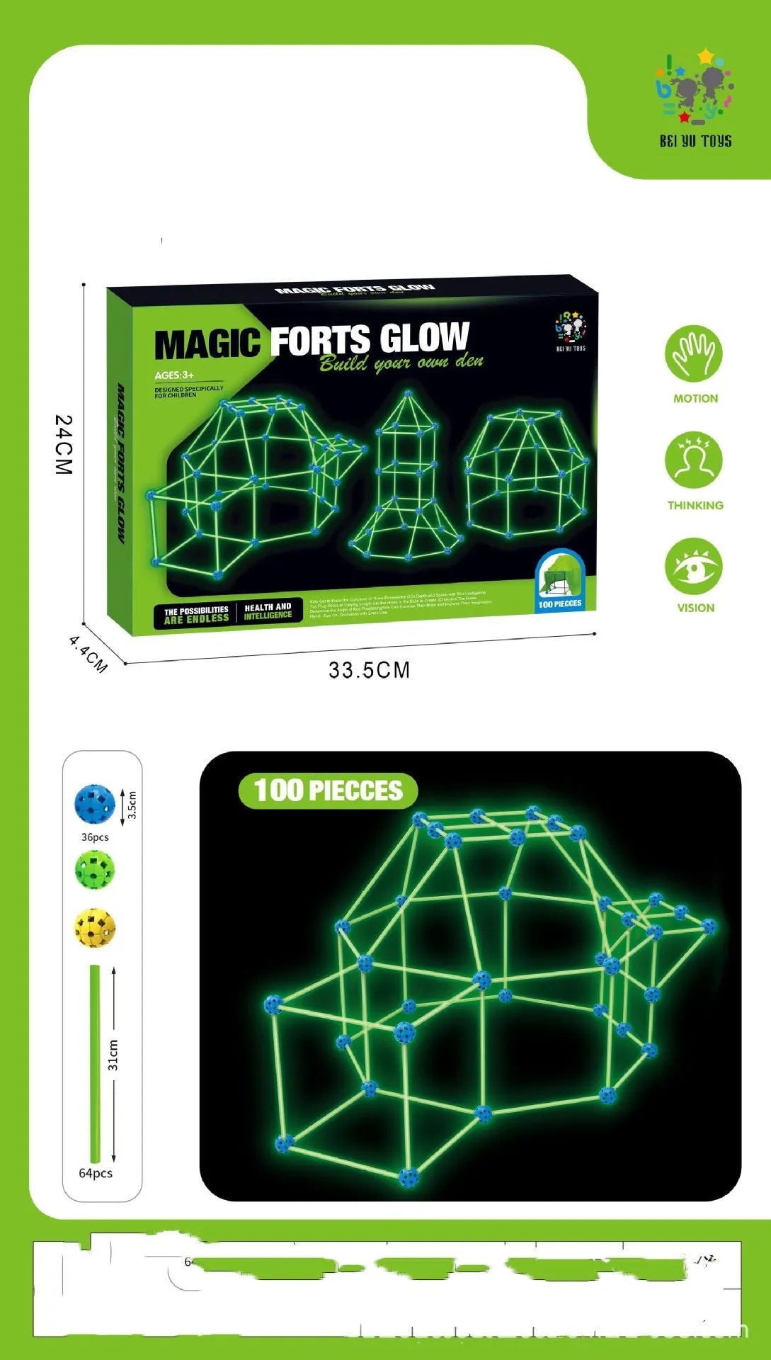 Luminous children's fort building kit with plastic sticks and connector balls for constructing castles and play tents