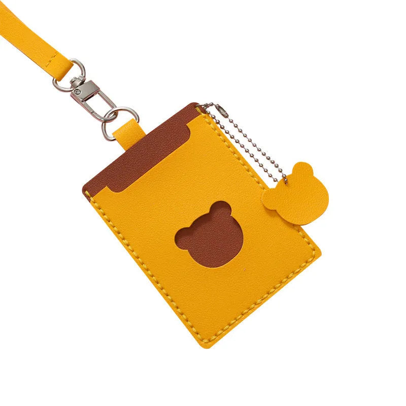 Handmade DIY PU cartoon card holder kit with lanyard in yellow bear, pink rabbit, blue whale, or purple pattern