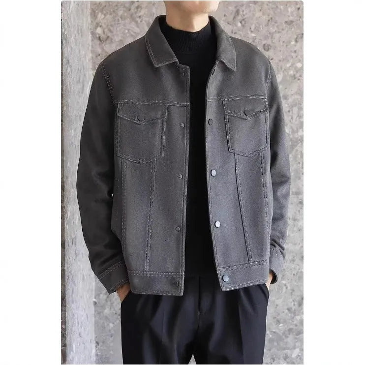 Men's polo collar loose short work coat in black, grey or khaki, sizes M to XXXL, polyester lined