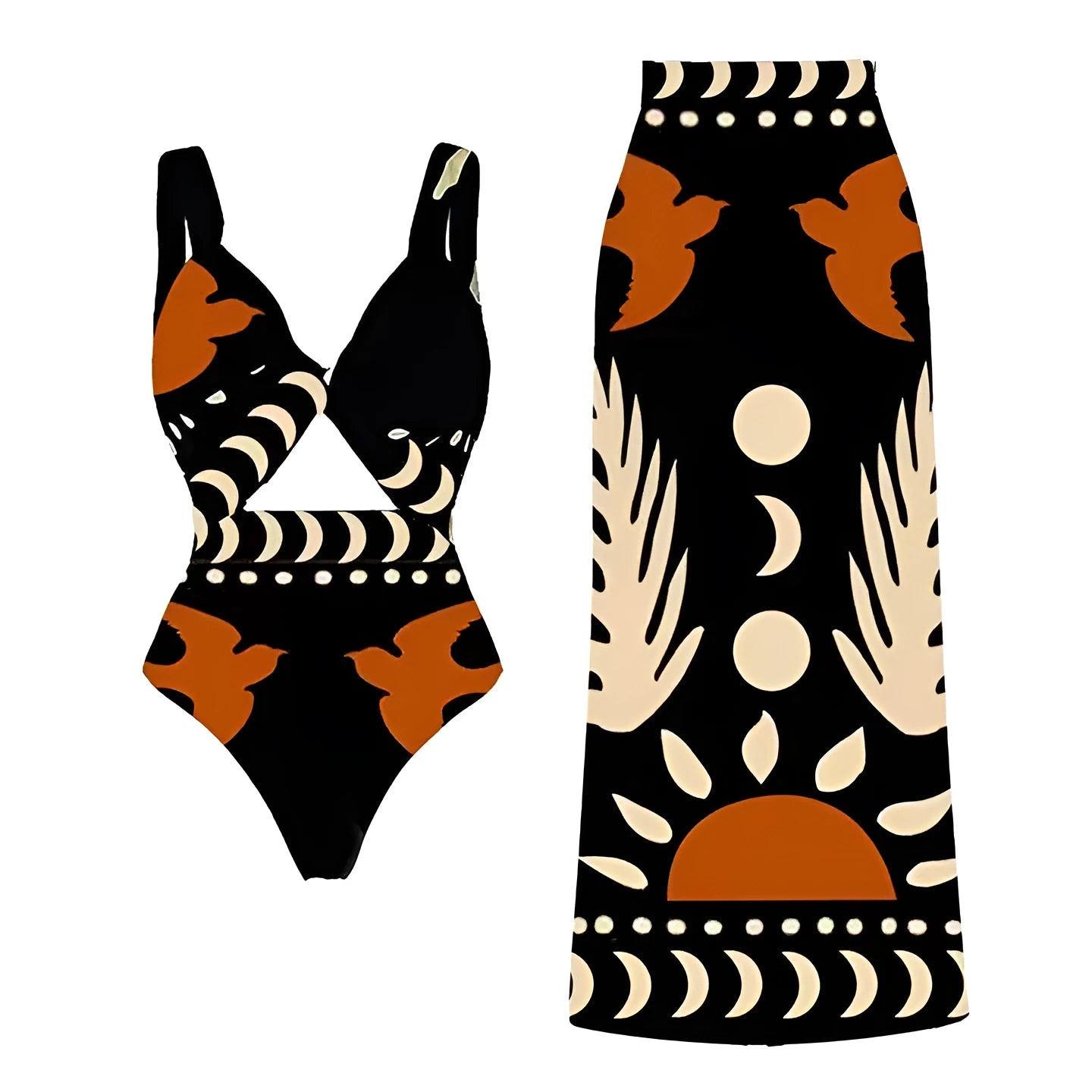 Women's black one-piece polyester swimsuit on a hanger, showing one-shoulder style