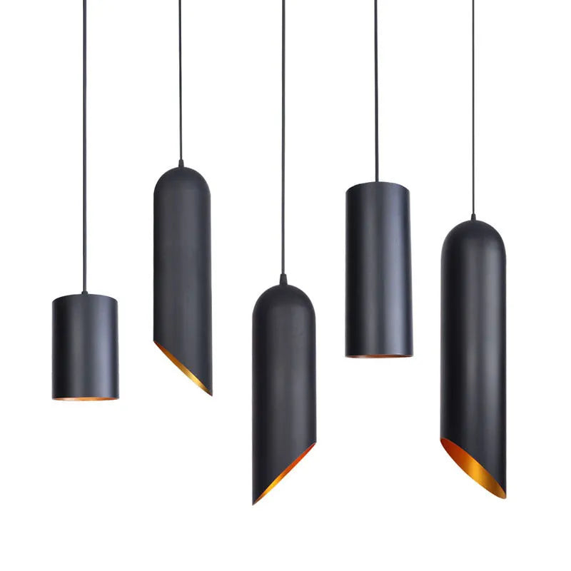 Matte black wrought iron retro chandelier ceiling light with a visible suspension rod and bulb holder.