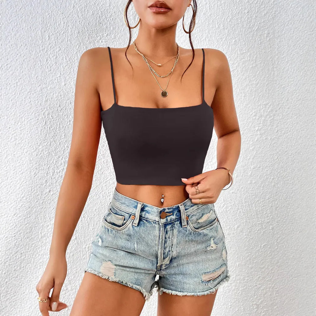 Women's crop top with camisole inside and outside, solid colour polyester vest, slim fit street style