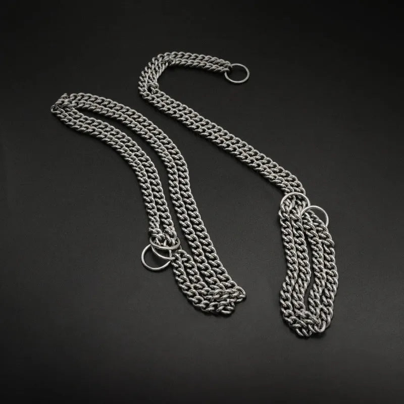 304 stainless steel explosion-proof pet collar in steel colour on plain background showing chain link structure