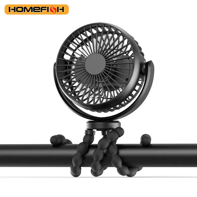 HOMEFISH F2 automatic head shaking portable fan with removable bracket and LED light on a table
