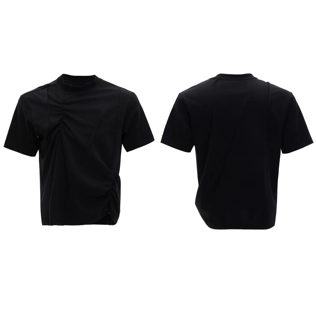 Men's loose fit cotton T-shirt in black with 3D pleated detail and round neck.