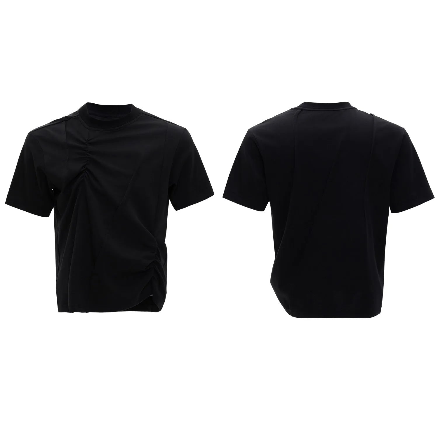 Men's loose fit cotton T-shirt in black with 3D pleated detail and round neck.