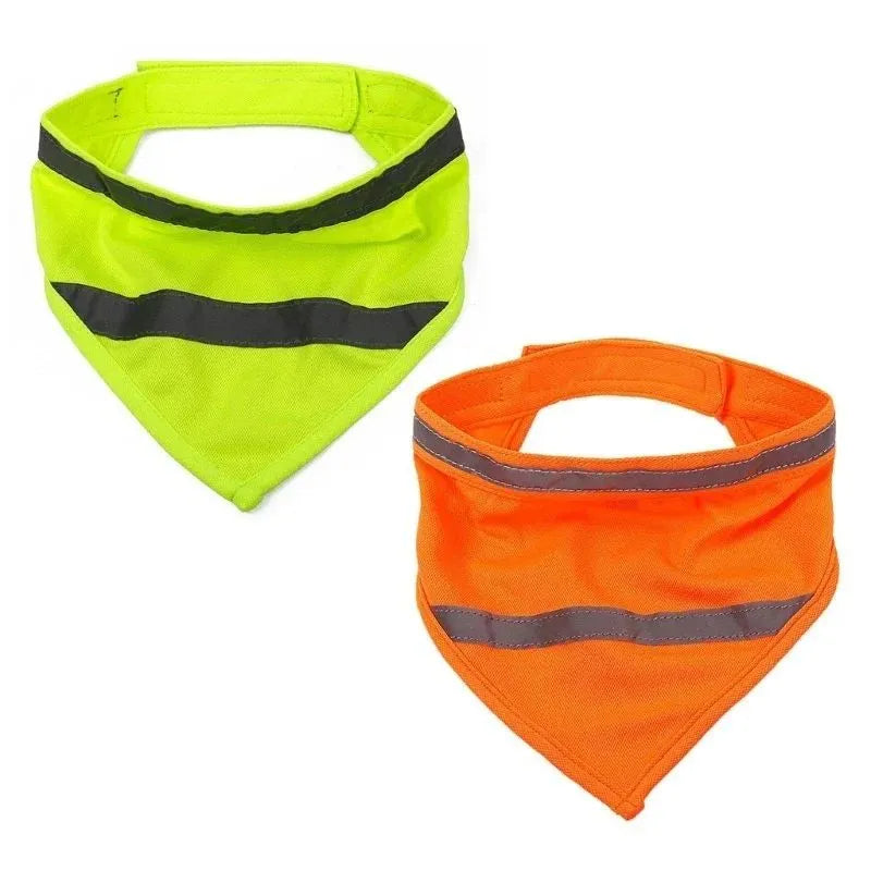 Yellow and orange reflective striped dog bandana scarf with adhesive strap closure on a dog's neck.