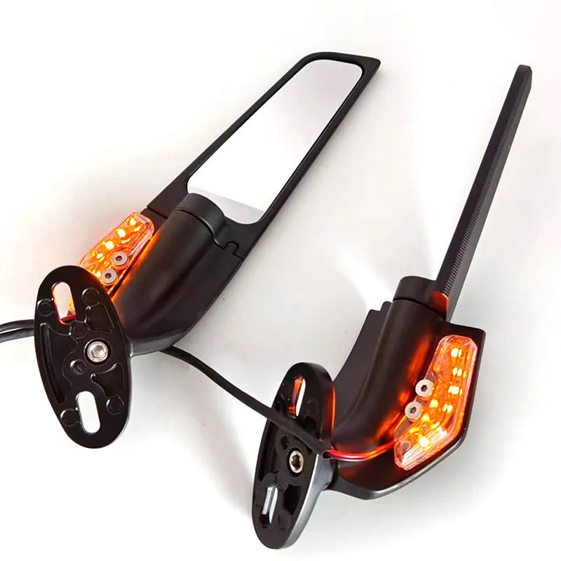 Pair of yellow SH-620-5 aluminium alloy motorcycle mirror spoilers with convex glass and integrated running lights