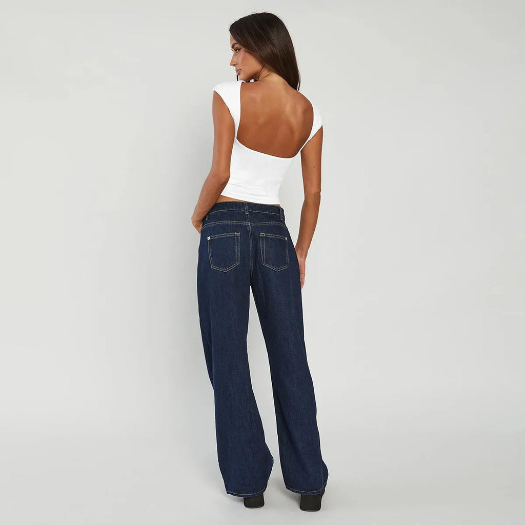 White women's backless round-neck top with slim fit and medium elasticity polyester fabric