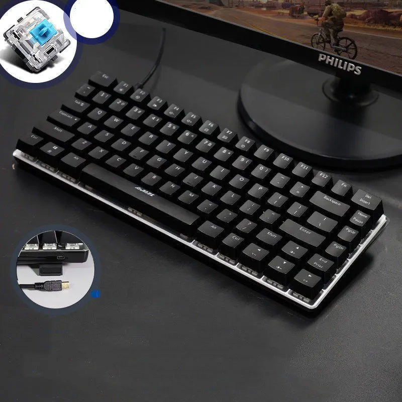 Heijue AK33 82-key mechanical keyboard black shaft white light version on desk with metal panel