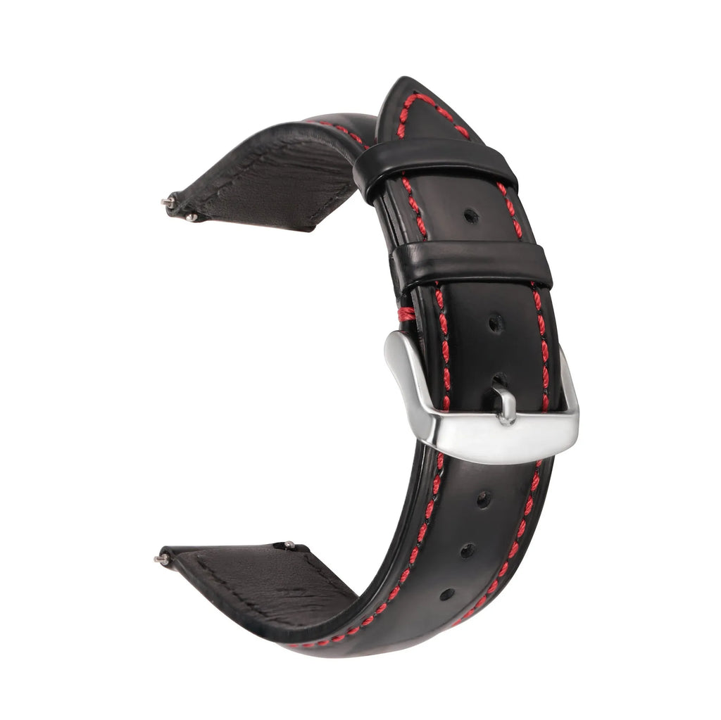 Quick release cowhide leather watch strap shown in black with red cord accents and a 22mm width.
