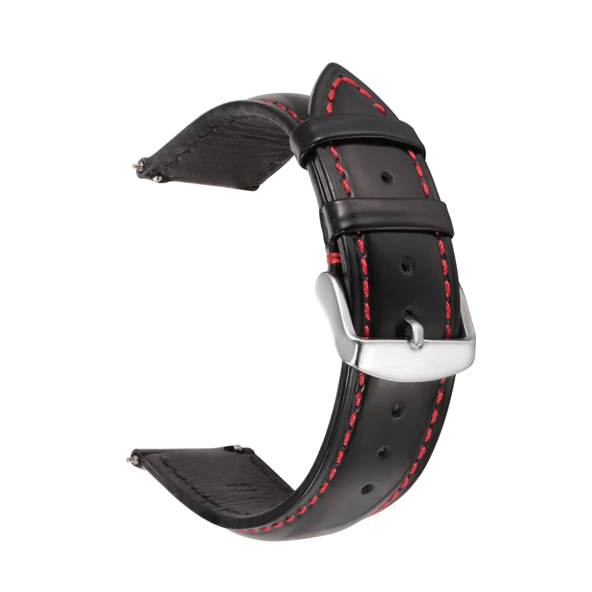 Quick release cowhide leather watch strap shown in black with red cord accents and a 22mm width.