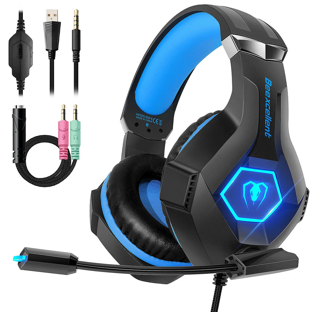 Thunder Wear Luminous gaming headset with microphone, RGB lights, and braided cable in black with coloured trim.