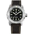 Men's stainless steel automatic diving watch with black dial, green luminous markers, leather strap, 41mm case, 200m water resistant