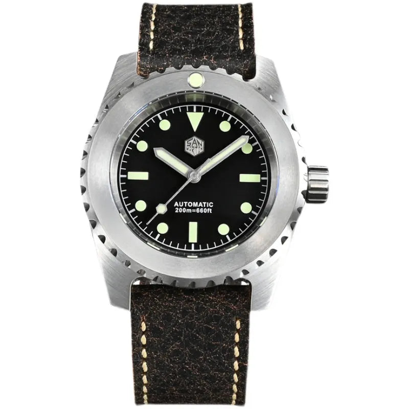 Men's stainless steel automatic diving watch with black dial, green luminous markers, leather strap, 41mm case, 200m water resistant