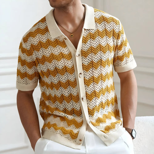 Short sleeve corrugated knit sweater in blue, brown, or yellow, showing textured jacquard pattern.