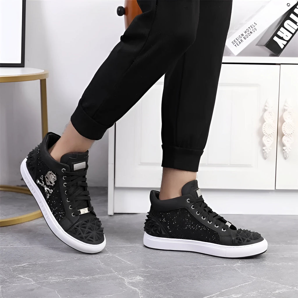 Men's black genuine leather high top skeleton shoes with red lace option